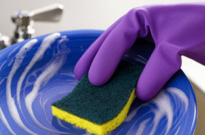 Hand in purple glove using regular vancouver home cleaning services sponge on a blue dish