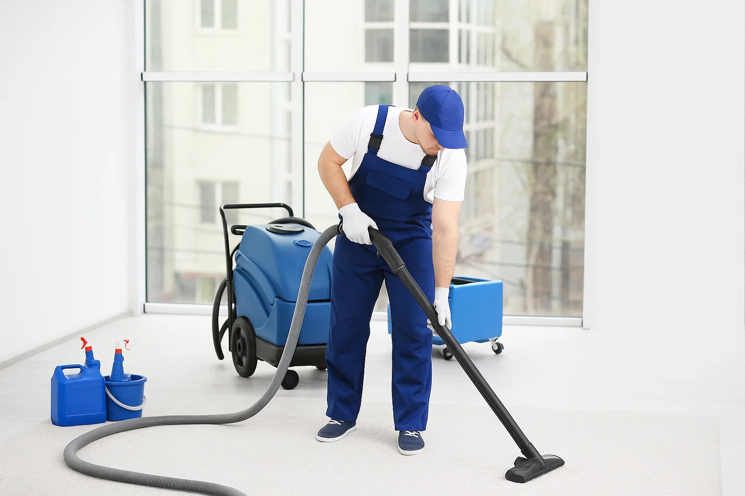 A professional cleaner using a vacuum and industrial cleaning equipment for deep home cleaning in a bright modern room.