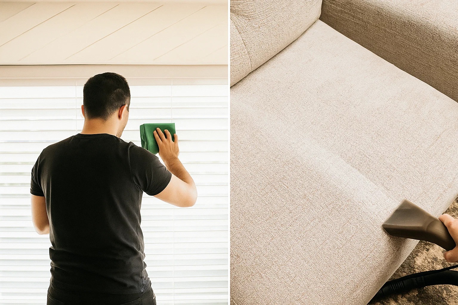 Person performing deep home cleaning on blinds and sofa
