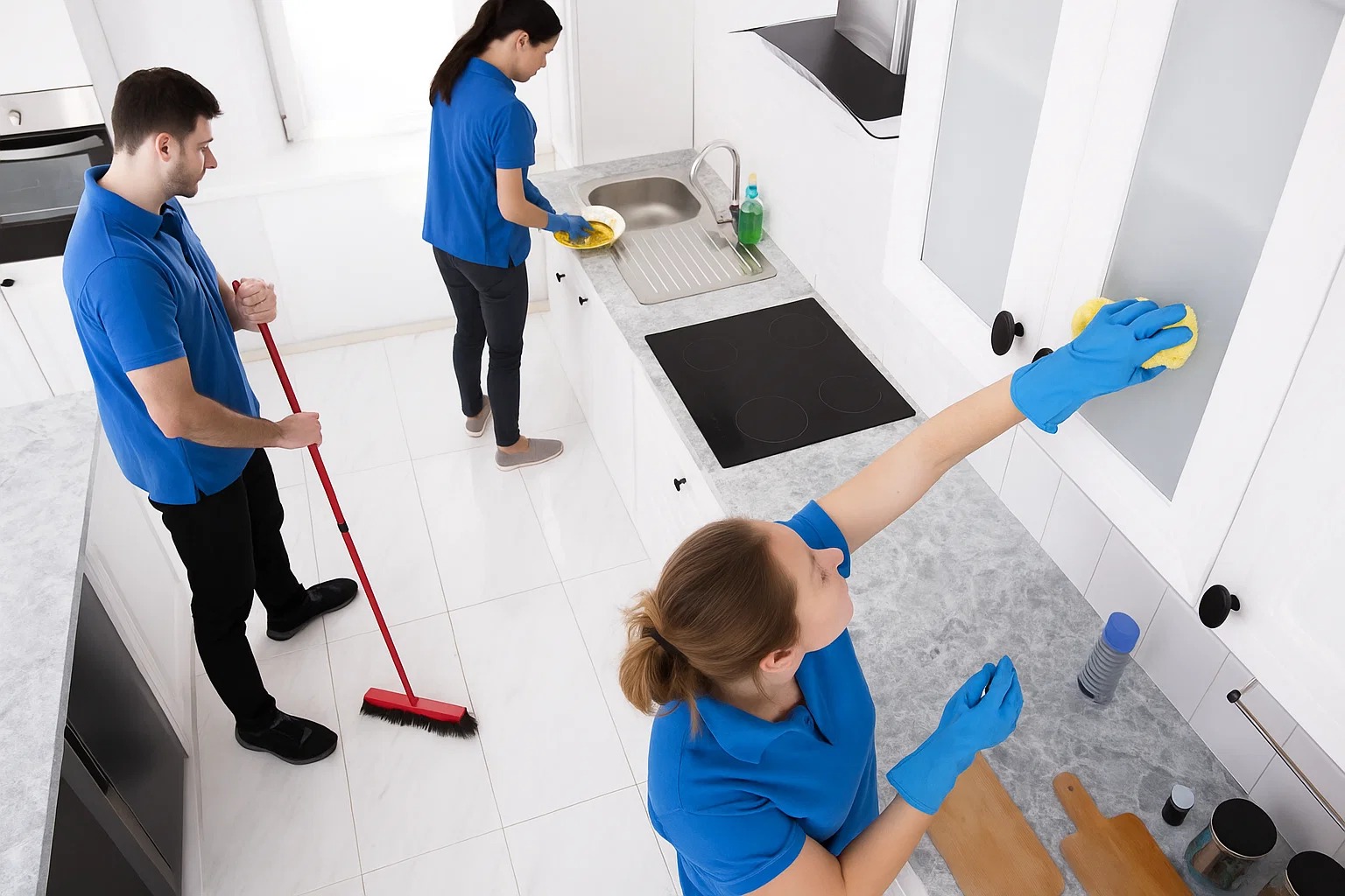 Cleaning team doing deep home cleaning in a modern kitchen